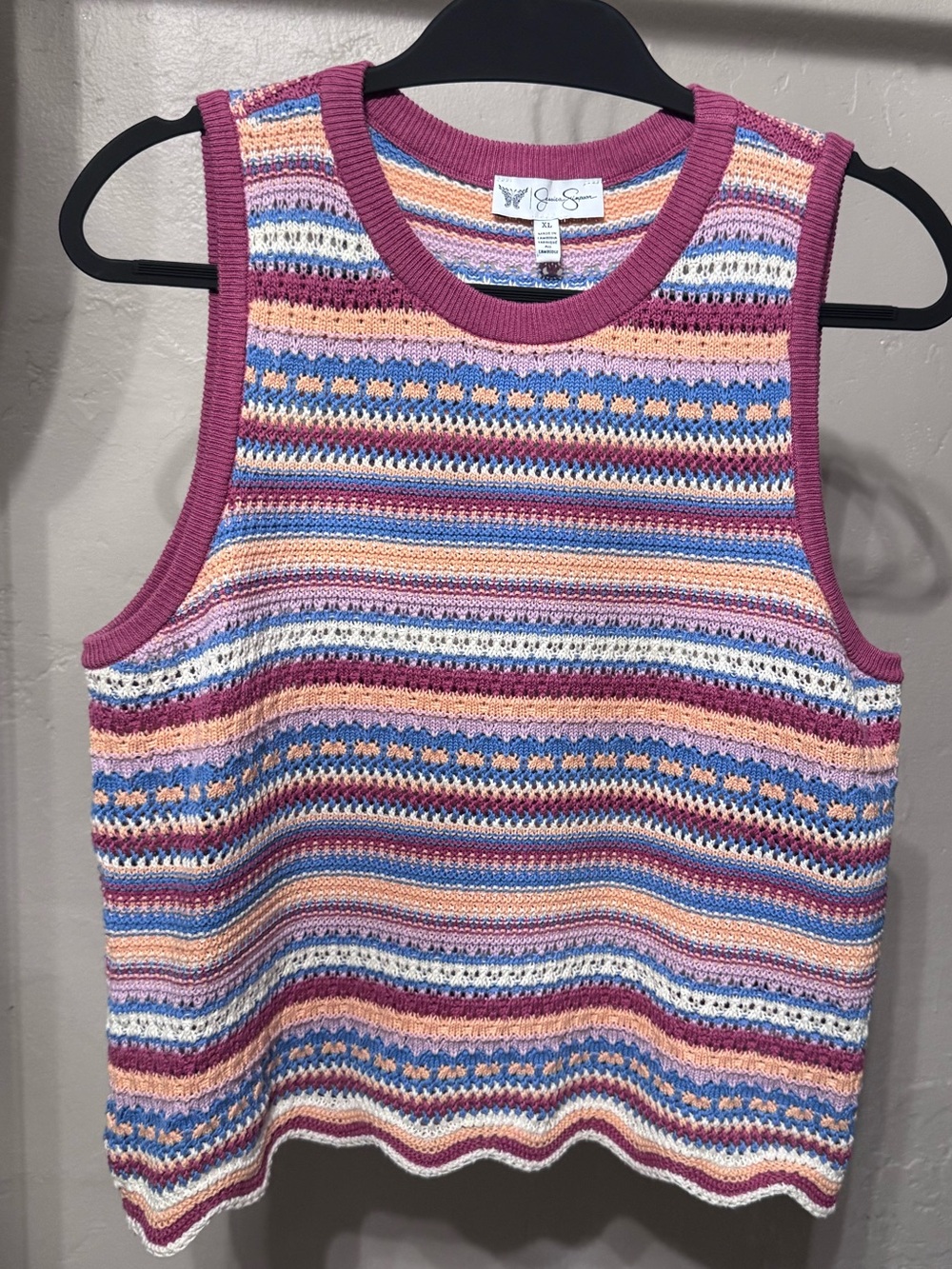 Jessica Simpson Multicolor Striped Crochet Tank Top Pink Blue White XL NEW